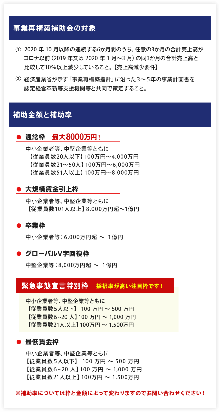 事業再構築補助金の対象、補助金額と補助率に関する説明。